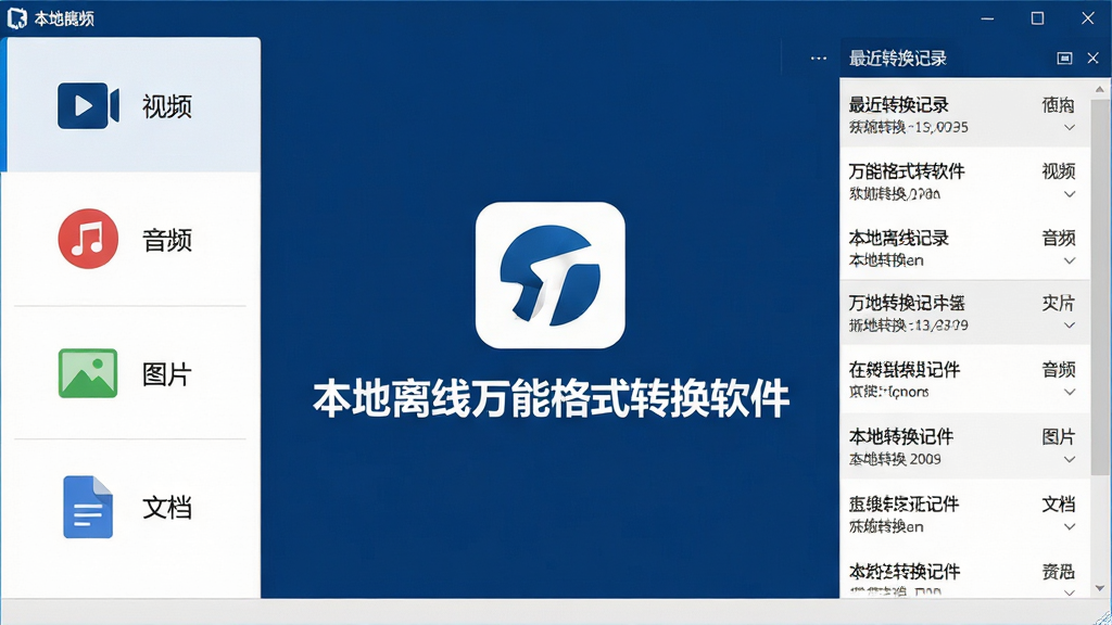 本地离线万能格式转换软件主界面全景预览,画面中央展示软件Logo和名称“本地离线万能格式转换软件”,界面布局简洁,左侧为功能分类图标包含视频、音频、图片、文档四大模块,右侧为最近转换记录列表,整体采用深蓝与白色商务风格,排版工整,细节清晰,画质高清,干净无多余元素