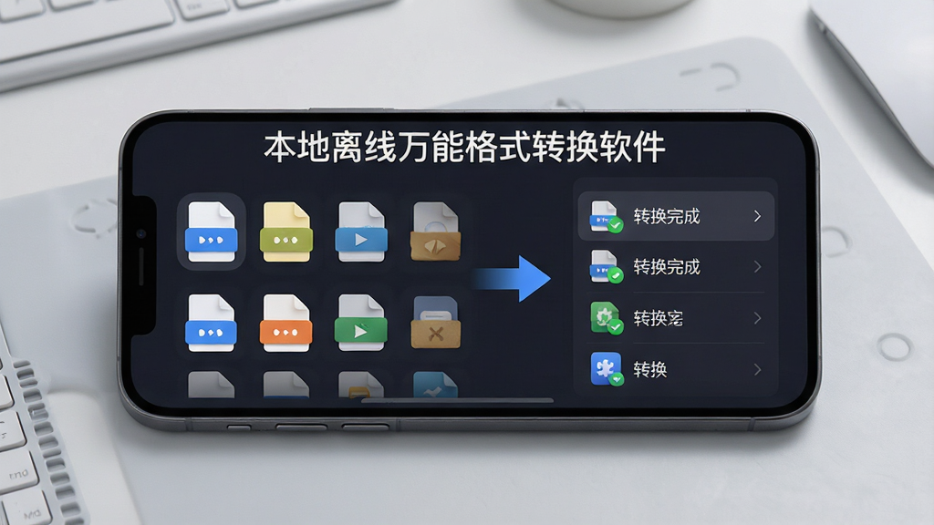 本地离线万能格式转换软件批量转换功能展示图,画面展示手机屏幕内多个文件图标排列整齐,箭头指向转换完成列表,界面中显示“本地离线万能格式转换软件”标题,背景为浅灰色工作台场景,风格为现代UI展示图,布局清晰,细节精致,画质高清,干净无多余元素