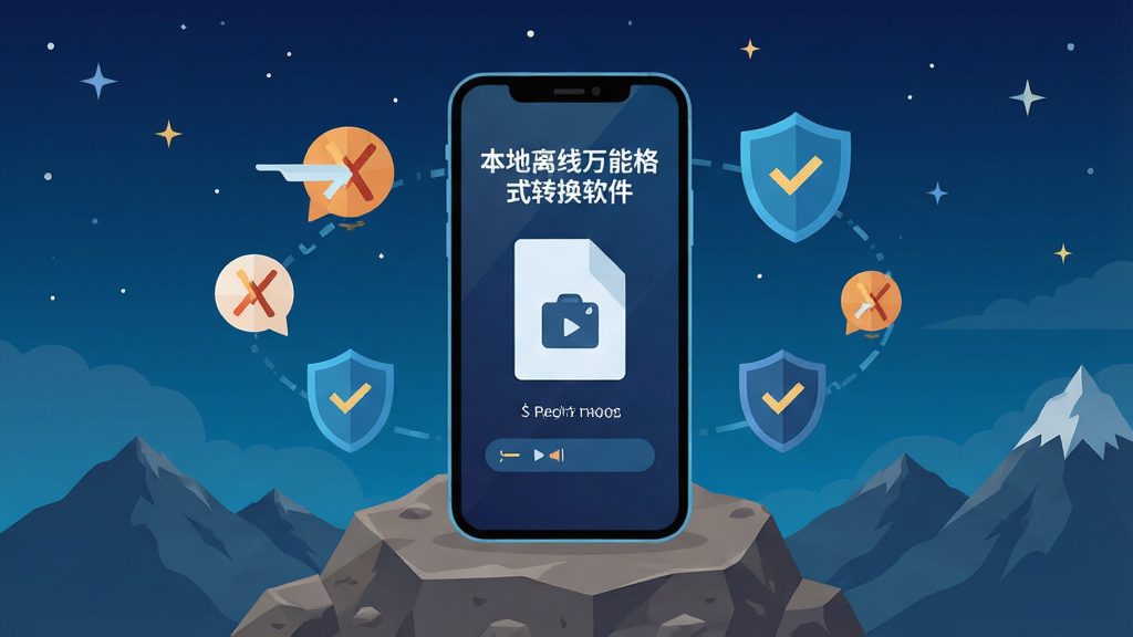 本地离线万能格式转换软件离线转换场景插画,画面主体是一部智能手机放置在山顶岩石上,屏幕显示“本地离线万能格式转换软件”正在转换文件,周围环绕飞行模式图标和盾牌安全标志,背景为星空与山脉,风格为扁平化科技插画,布局居中,细节丰富,画质高清,干净无多余元素