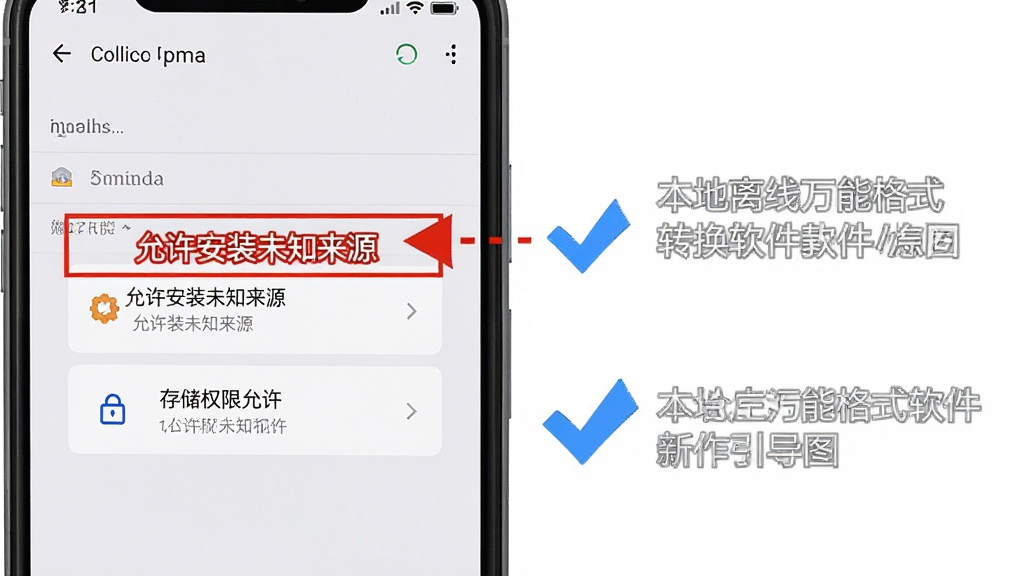本地离线万能格式转换软件新手操作引导图,画面展示手机屏幕内以红色标注“允许安装未知来源”和“存储权限允许”提示框,旁边有蓝色对勾和灰色说明文字,背景为浅色手机设置界面,风格为教程图解,布局分步清晰,细节明确,画质高清,干净无多余元素