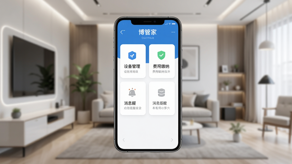 主体为一部智能手机,屏幕上显示“博管家”应用主界面,界面布局包含设备管理、费用缴纳、消息提醒等卡片式功能入口,背景为现代家居环境,风格简洁科技感,细节清晰,画质高清,干净无多余元素