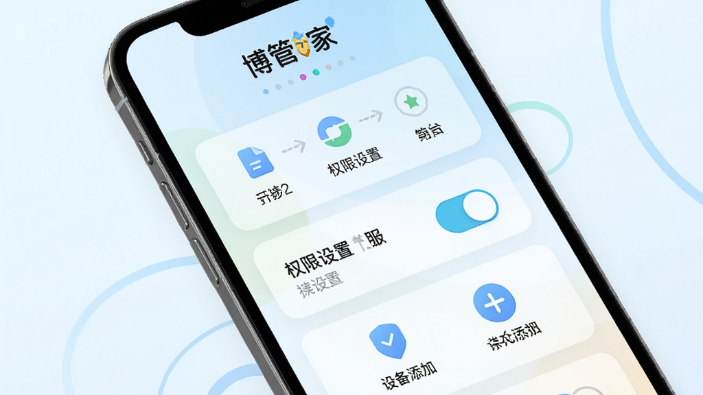 主体为手机屏幕显示“博管家”新手引导页面,页面布局包含步骤指示、权限设置开关、设备添加图标,背景为浅色渐变,风格清新友好,细节清晰,画质高清,干净无多余元素