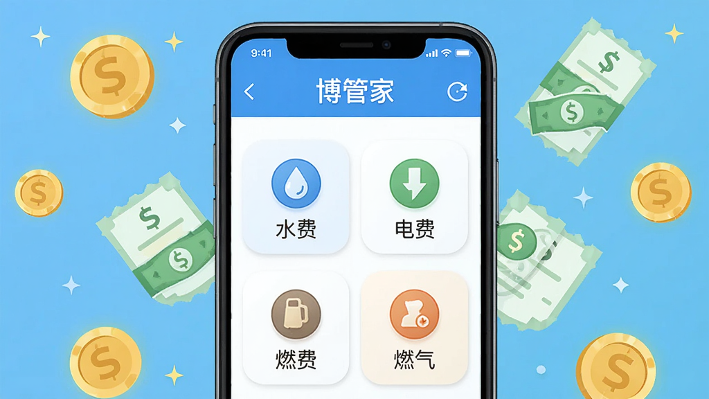 主体为手机屏幕显示“博管家”费用缴纳页面,页面布局包含水费、电费、燃气费等缴费入口图标,周围环绕金币与账单符号,风格扁平化设计,细节精致,画质清晰,干净无多余元素