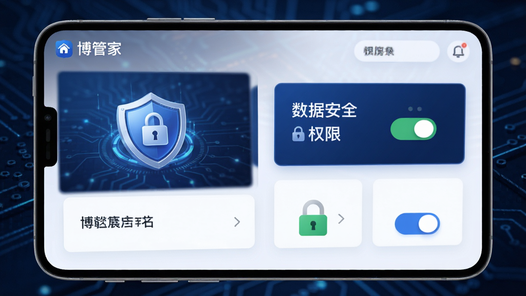 主体为“博管家”应用界面展示数据安全与隐私保护功能,界面布局包含盾牌图标、加密锁、权限开关等元素,背景为深蓝色科技纹理,风格稳重专业,细节清晰,画质高清,干净无多余元素