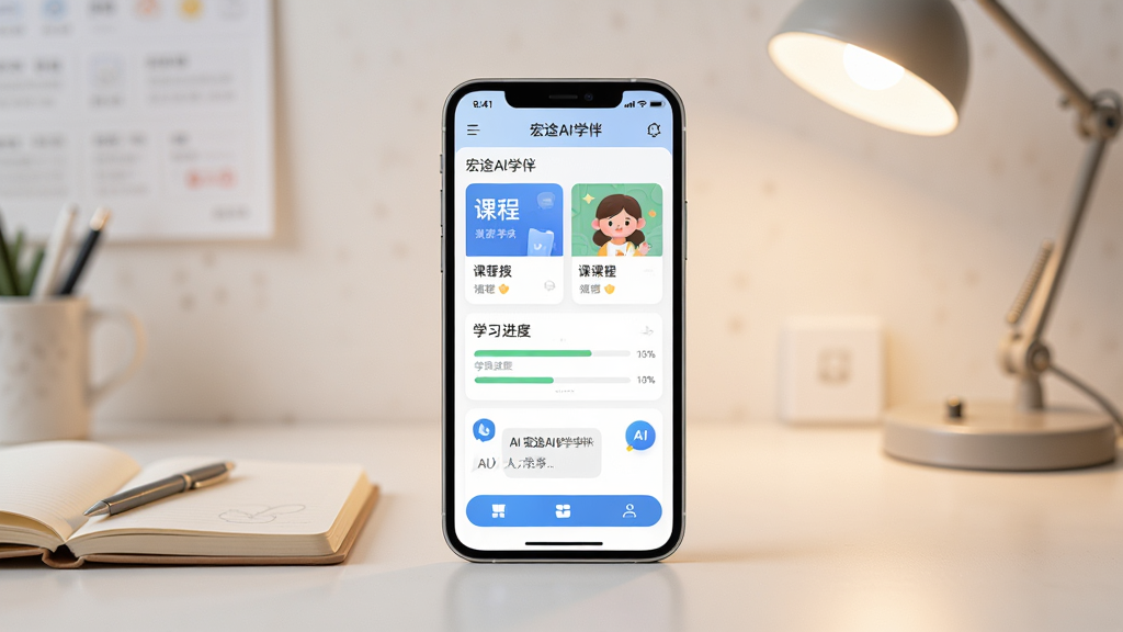 宏途AI学伴软件主界面全貌展示,画面中央放置一部智能手机,屏幕显示宏途AI学伴应用首页,包含课程卡片、学习进度条和AI助手对话框,背景为柔和的书桌场景,有笔记本和台灯,整体布局居中对称,风格清新简约,细节包括应用图标和功能按钮清晰可见,画质高清,干净,无多余元素