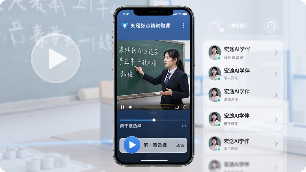 宏途AI学伴知识点精讲微课界面,画面中央手机屏幕显示视频播放窗口与课程列表,视频画面为教师板书讲解,下方有章节选择栏,布局居中,风格教育科技感,细节包括播放按钮和进度条,画质高清,干净,无多余元素