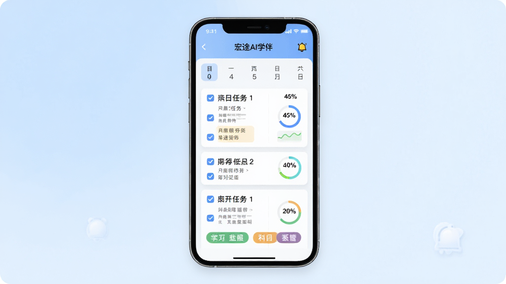 宏途AI学伴个性化学习计划界面,画面中央手机屏幕展示日历式学习计划表,包含每日任务勾选、进度百分比和科目分类标签,背景为淡蓝色渐变,布局居中,风格清爽商务,细节包括计划卡片和提醒铃铛图标,画质高清,干净,无多余元素