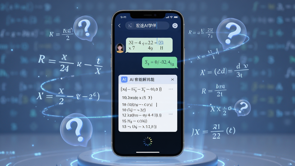 宏途AI学伴智能AI答疑功能展示,画面中央一部手机屏幕显示AI对话界面,用户正在输入数学题,AI回复框展示详细解题步骤,手机周围环绕漂浮的数学公式和问号图标,布局采用居中构图,风格科技感与教育感结合,细节包括清晰的文字气泡和加载动画,画质高清,干净,无多余元素