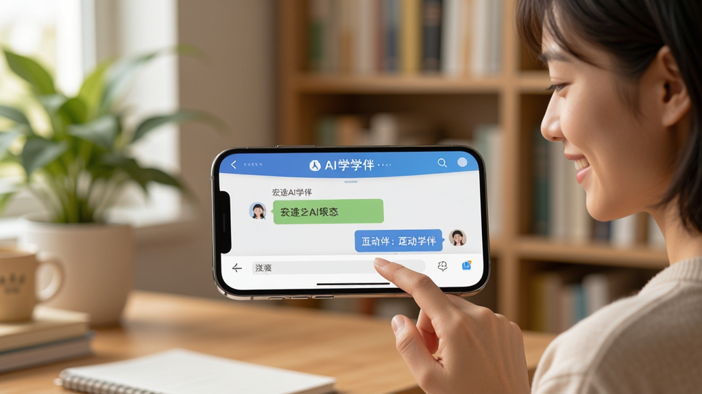 宏途AI学伴用户学习场景展示,画面中央一部手机横屏显示AI学伴应用内的互动问答界面,背景为温馨的书房环境,有绿植和书架,布局居中,风格生活化教育场景,细节包括用户微笑操作手机,画质高清,干净,无多余元素