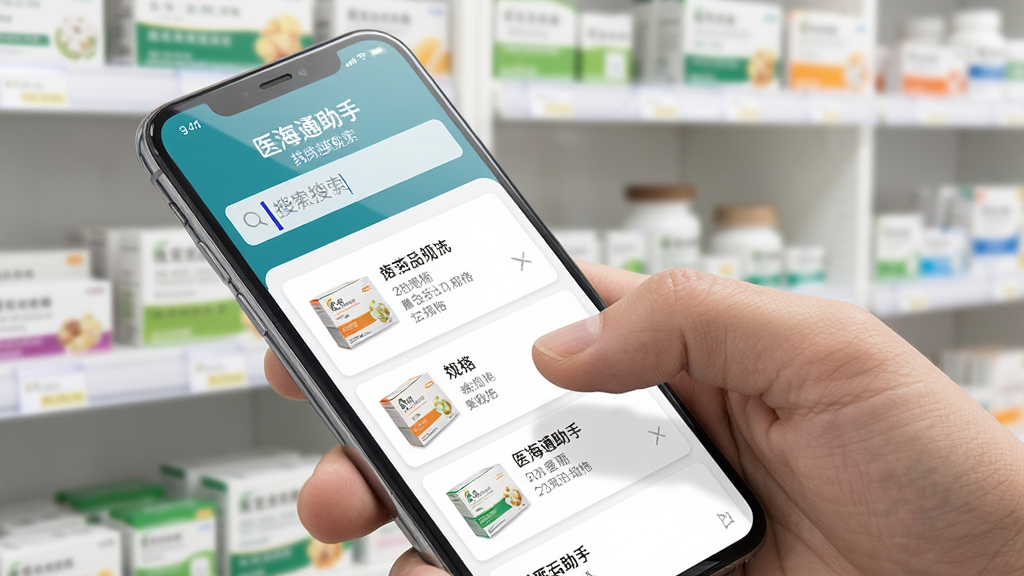 画面主体为一只手拿着手机,手机屏幕显示医海通助手的药品搜索界面,搜索框内有光标闪烁,下方列出多条药品搜索结果卡片,每张卡片包含药盒缩略图、名称和规格文字,背景为虚化的药房货架,整体构图采用对角线布局,风格写实明亮,细节上手指与手机交互自然、屏幕反光柔和,画质清晰干净,无杂乱元素