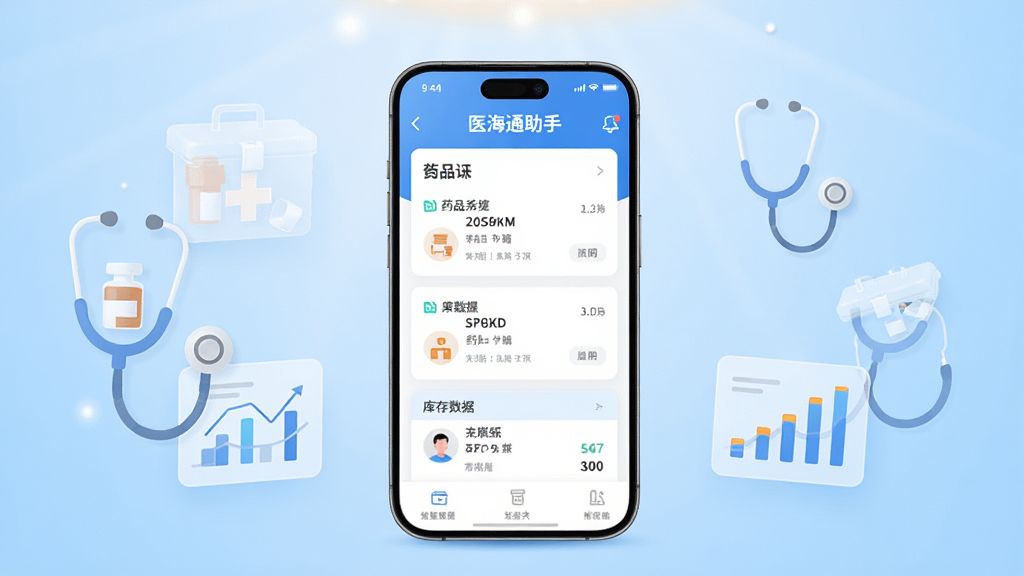 画面中央一部智能手机竖屏展示医海通助手应用主界面,界面内呈现药品列表与库存数据卡片,手机周围环绕半透明的药盒、听诊器、数据图表等扁平化图标,背景为浅蓝色渐变医疗风格,顶部有柔和光效,整体布局居中对称,风格简洁现代商务,细节上手机边框圆润、界面文字清晰可辨,画质干净无多余元素,高清2K分辨率