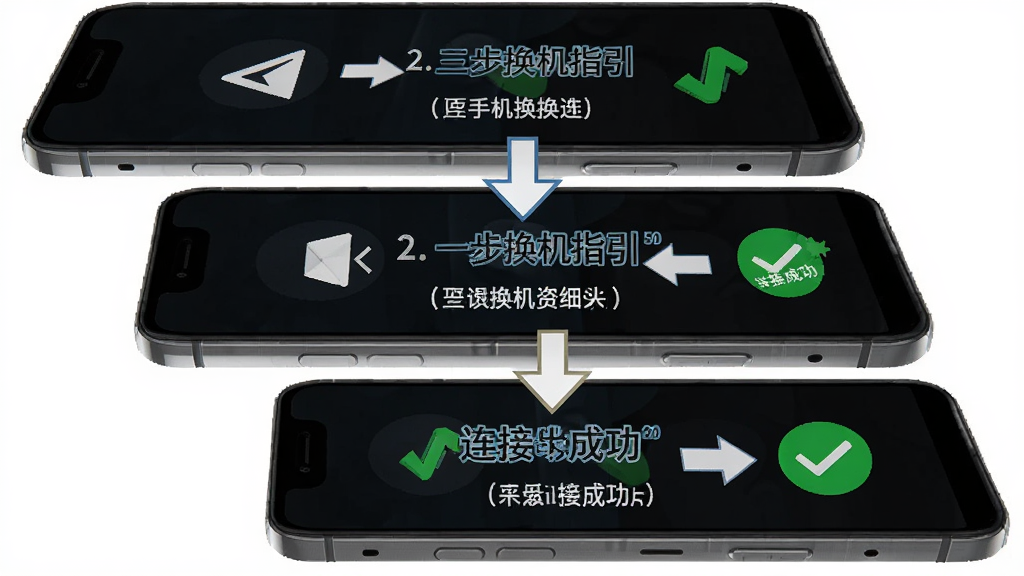 新旧手机一键换机新手操作流程图,手机屏幕显示三步换机指引,主体为手机和步骤箭头,布局从上到下阶梯排列,排版清晰,风格为教程图解,细节包含发送接收图标和连接成功对勾,画质高清,干净,无多余元素