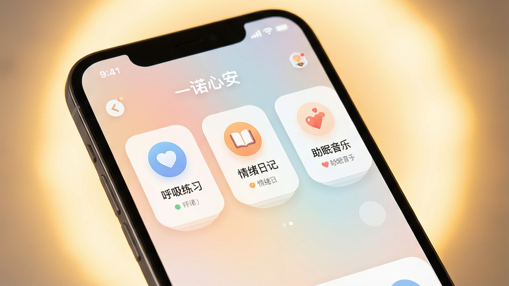 一张展示一诺心安应用主界面的图片,画面中心是一部智能手机,屏幕显示着柔和的渐变背景和简洁的卡片式功能入口,包括呼吸练习、情绪日记和助眠音乐等图标,整体布局干净清爽,风格温馨治愈,细节上突出界面的圆角设计和柔和的色彩搭配,画质清晰,无多余元素,背景为温暖的光晕效果。