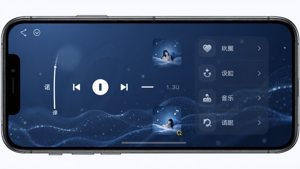 一诺心安助眠音乐播放界面的图片,手机横置或竖置,屏幕显示着播放控制条和音轨选择列表,背景是柔和的深蓝色调,带有缓慢流动的波纹或粒子效果,风格宁静安详,细节上图标精致,画质清晰,无杂乱元素。