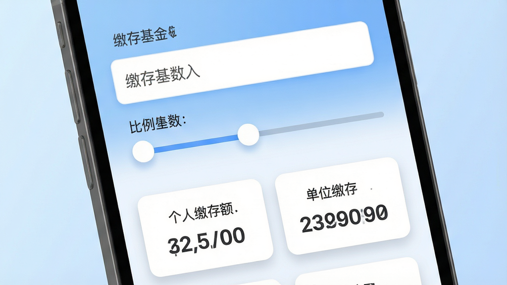 个人公积金计算助手缴存额度计算功能展示图,主体为手机屏幕特写,屏幕中央显示缴存基数输入框和比例滑块,下方以卡片形式列出个人缴存额和单位缴存额的数字结果,布局为上下结构,风格为现代扁平化设计,细节上卡片带有柔和阴影和圆角,背景为浅蓝色渐变,画质高清,画面干净,无多余元素。