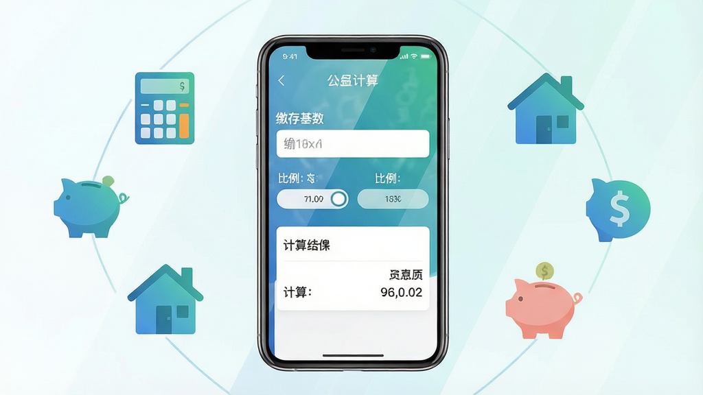 一张展示个人公积金计算助手手机应用界面的预览图,画面中央是一部竖屏智能手机,屏幕显示公积金计算器主页面,包含缴存基数输入框、比例选择按钮和计算结果区域,手机周围环绕着公积金、计算器、房屋、存钱罐等扁平化图标,布局为居中对称式排版,风格为清新简约的科技风,细节上手机屏幕有轻微反光质感,图标采用蓝绿渐变配色,画质为高清4K,画面干净整洁,无多余元素。