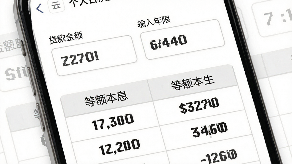个人公积金计算助手贷款还款模拟界面图,主体为手机屏幕,屏幕上半部分显示贷款金额和年限输入区,下半部分以表格形式展示等额本息与等额本金两种方式的月供对比数据,布局为上下分区,风格为商务简约风,细节上表格线条浅灰、数字加粗显示,背景为白色,画质高清,画面干净,无多余元素。