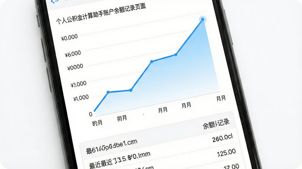 个人公积金计算助手账户余额记录页面图,主体为手机屏幕,屏幕显示一条向上的折线图,横轴为月份、纵轴为余额数值,折线下方有渐变填充色,图表下方列出最近几笔余额记录条目,布局为上下结构,风格为数据可视化风格,细节上折线为蓝色、填充为淡蓝色渐变,背景为白色,画质高清,画面干净,无多余元素。