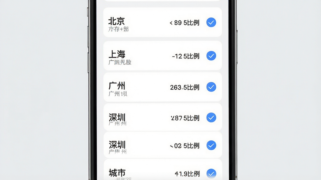 个人公积金计算助手多城市政策参考界面图,主体为手机屏幕,屏幕显示城市选择列表,列表中包含北京、上海、广州、深圳等城市名称及对应的缴存比例数字,布局为纵向列表结构,风格为清爽极简风,细节上每个城市条目右侧有对勾选中标记,背景为浅灰色,画质高清,画面干净,无多余元素。