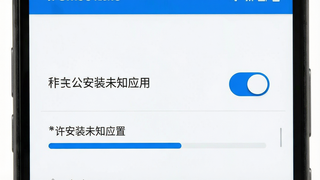 一张展示个人公积金计算助手在安卓手机上安装权限设置界面的示意图,主体为手机屏幕特写,屏幕显示“允许安装未知应用”的开关按钮处于开启状态,下方有安装进度条,布局为居中排版,风格为系统设置界面风格,细节上按钮为蓝色高亮、背景为白色,画质高清,画面干净,无多余元素。