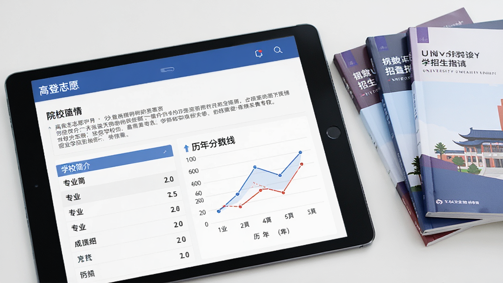 一张展示院校信息查询界面的图片,画面中平板电脑上显示“高登志愿”的院校详情页,包含学校简介、专业列表和历年分数线折线图,旁边放着几本大学招生简章,整体风格干净明亮,画质清晰,无多余元素