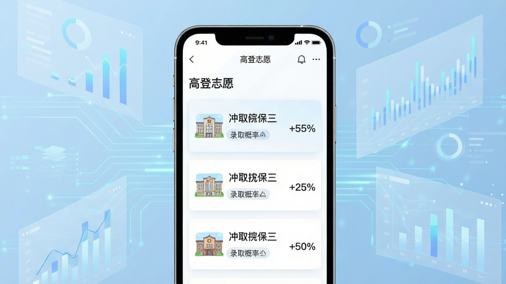 一张展示智能推荐算法的示意图,画面中“高登志愿”应用界面显示冲稳保三档院校推荐列表,每个院校旁边标注录取概率百分比,背景是淡蓝色科技感线条与数据图表,风格现代简约,画质清晰,干净无多余元素