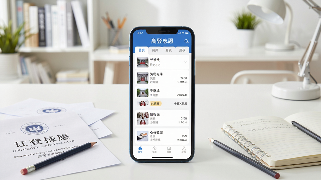 一张展示高考志愿填报场景的图片,画面中央是一部智能手机,手机屏幕上显示“高登志愿”应用程序界面,界面中包含院校列表和分数线数据,手机周围散落着大学录取通知书、铅笔和笔记本,背景是明亮的书房环境,整体风格清新简洁,画质清晰,干净无多余元素