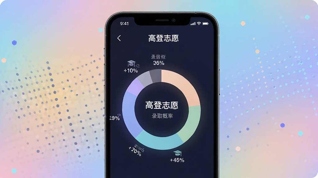 一张展示录取概率评估的图片,画面中手机屏幕上显示“高登志愿”的录取概率环形图,不同院校标注着百分比数值,背景是柔和渐变色彩与数据点阵,风格科技感十足,画质清晰,干净无多余元素