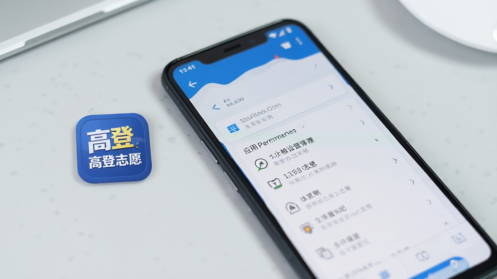 一张展示手机安全设置的图片,画面中安卓手机屏幕上显示应用权限管理界面,旁边有“高登志愿”图标,背景是简洁的浅灰色桌面,风格干净清爽,画质清晰,无多余元素