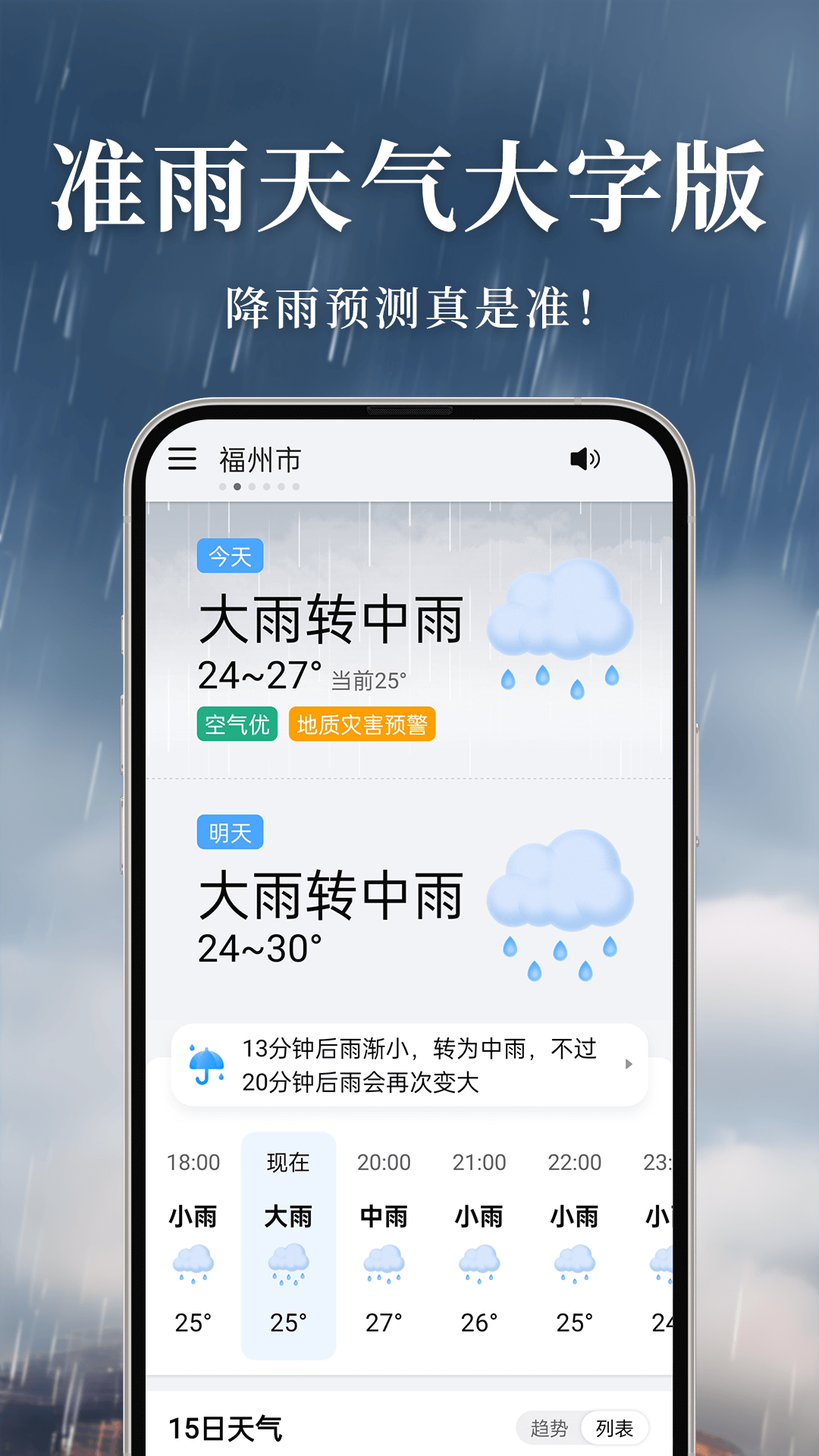 当准天气app 降雨提醒推送截图 手机通知栏展示 日常通勤使用场景