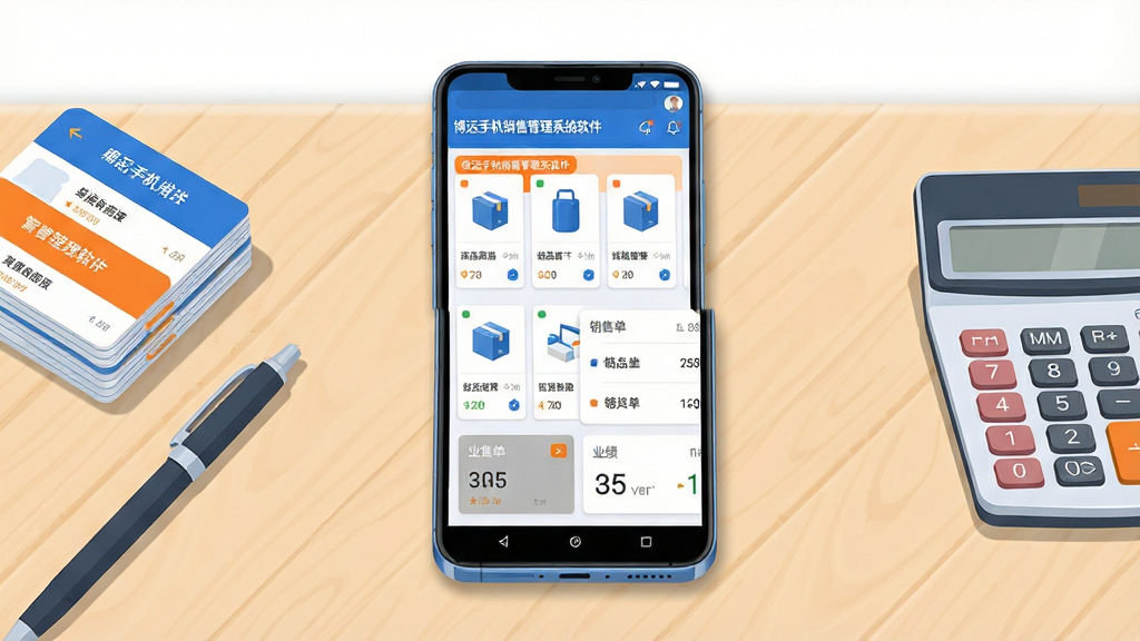 画面主体为一台竖屏安卓手机,屏幕内展示销售管理软件首页界面,包含商品卡片、销售单列表与业绩数字模块;手机放置在浅木色桌面中央,左侧摆放一叠商品标签卡与一支笔,右侧放一个简约计算器;整体采用俯视四十五度构图,背景干净留白;风格为清爽商务插画风,配色以蓝白为主、点缀橙色强调色;细节上手机边框清晰、界面元素层次分明、桌面有轻微投影;画质高清、画面干净、无多余元素,屏幕中可见文字“博远手机销售管理系统软件”