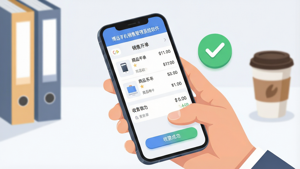 画面主体为一只手握持手机,屏幕显示销售开单页面,商品清单与金额汇总区域清晰,旁边悬浮一个收款成功的绿色对勾图标;背景为简约办公室桌面,有文件夹与咖啡杯作为点缀;构图以手机为视觉中心,采用近景特写角度;风格为现代扁平商务插画;细节上手指动作自然、界面按钮圆润、光影柔和;画质高清、画面干净、无多余元素,屏幕中可见文字“博远手机销售管理系统软件”