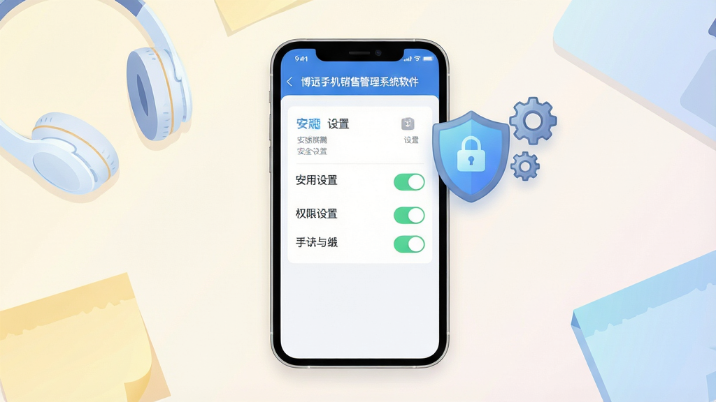 画面主体为手机屏幕显示应用权限设置页面,旁边漂浮盾牌与齿轮图标象征安全与设置;手机平放在浅色桌面,周围有耳机与便签纸点缀;构图采用正面平视角度,手机居中;风格为清新浅色科技插画;细节上权限开关按钮清晰、图标线条简洁、背景有柔和渐变;画质高清、画面干净、无多余元素,屏幕中可见文字“博远手机销售管理系统软件”