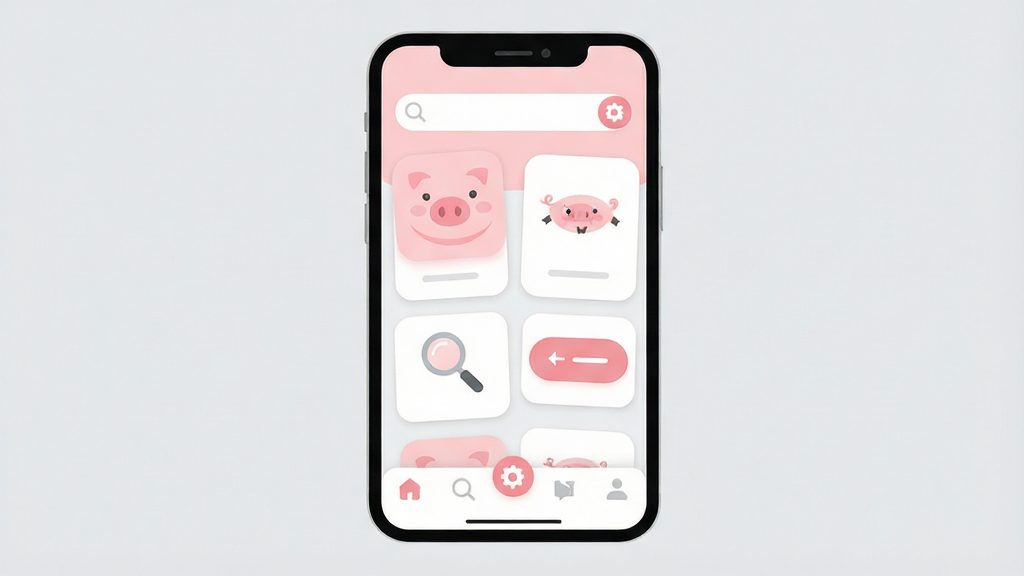 一张手机界面示意图,展示粉猪应用的底部导航栏与顶部搜索框布局,界面元素以卡片和圆角按钮呈现,旁边配有放大镜与齿轮的小图标作为点缀;整体为清新浅色扁平风格,主色为浅粉与白色,排版规整,画质干净,背景为浅灰纯色,无多余装饰