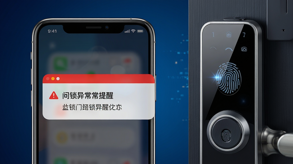 画面主体为手机屏幕弹出报警通知卡片的特写,卡片上显示门锁异常提醒文字,手机旁边放置一个智能门锁的正面视图,布局为手机居中偏左、门锁偏右,风格为安全防护科技风,细节包括通知卡片红色警示条、门锁面板指纹识别区反光、背景深蓝渐变,画质高清干净,无多余元素