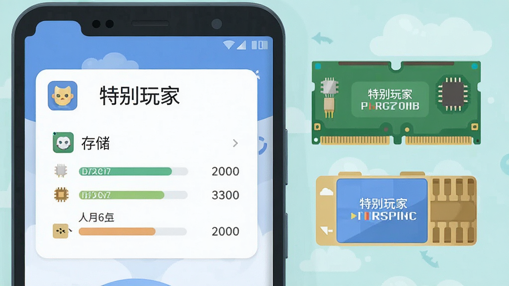 一部安卓手机屏幕特写,屏幕上显示“特别玩家”应用的存储占用信息面板,旁边有内存条和存储空间的图形化展示,画面中带有“特别玩家”文字标识,整体采用扁平化插画风格,色调清爽,布局简洁,细节清晰,画质干净