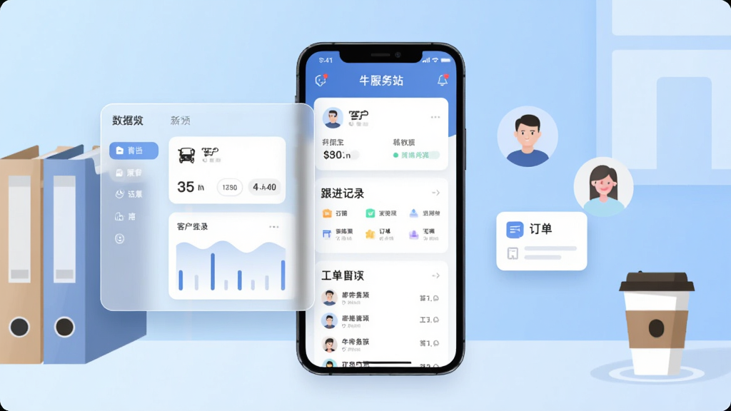 画面中央放置一部智能手机,屏幕显示有牛服务站应用主界面,界面包含客户卡片、跟进记录和工单列表三个模块;手机左侧悬浮半透明数据看板,右侧漂浮客户头像与订单图标;背景为浅蓝色渐变办公场景,桌面上有文件夹和咖啡杯;整体风格为清爽扁平化科技插画,细节包括圆角卡片、柔和阴影和细线图标;画质清晰干净,无多余装饰元素
