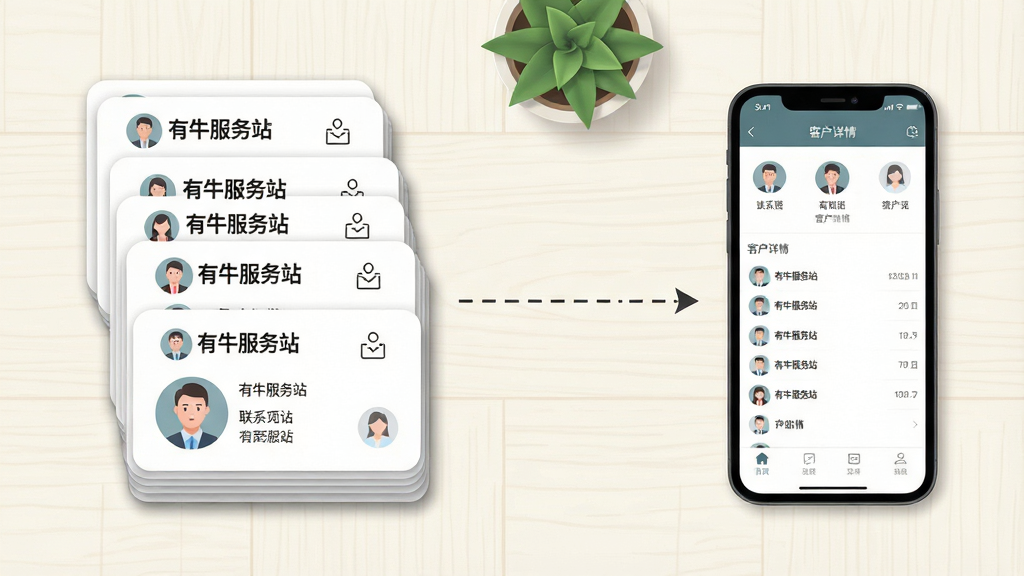 一张俯视视角的桌面布局图,画面左侧为整齐排列的客户档案卡片堆,卡片上有“有牛服务站”字样和联系人头像,右侧为打开的手机界面显示客户详情页;中间用虚线箭头连接卡片与手机;桌面色调为米白色木质纹理,搭配绿色小盆栽;风格为简约商务插画,细节包括卡片圆角、投影和细线图标;画质干净清晰,无杂乱元素