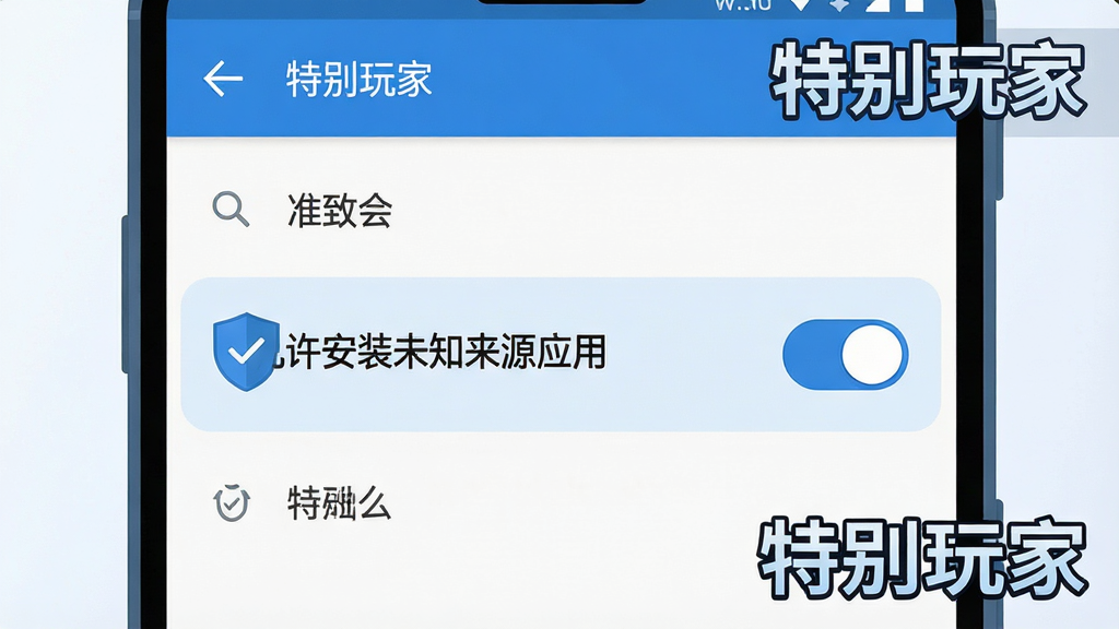 一张手机屏幕展示安卓系统设置界面的插画,界面中高亮显示“允许安装未知来源应用”的开关选项,旁边有盾牌和勾选图标,画面中带有“特别玩家”文字标识,风格扁平化,色调以蓝白为主,布局清晰,细节明确,画质干净