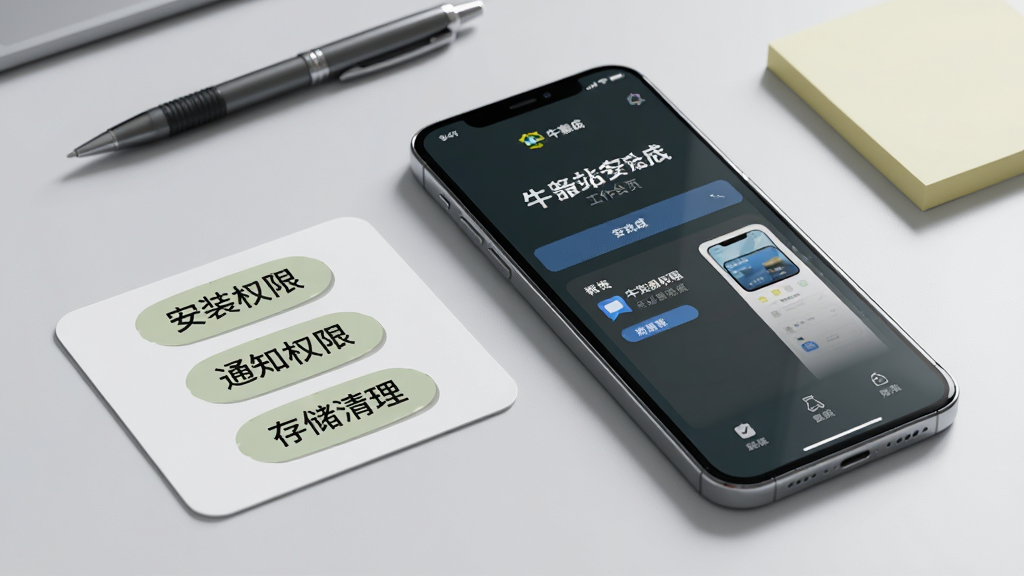 画面为一部手机平放在桌面上,屏幕显示有牛服务站安装完成后的工作台首页,手机旁边放置一张写有“安装权限”“通知权限”“存储清理”三个标签的提示卡片;背景为浅灰色桌面,配有一支笔和便签纸;风格为写实产品场景图,细节包括手机边框反光、卡片圆角和柔和阴影;画质清晰干净,无多余元素