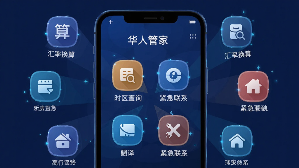 画面主体为手机屏幕展示“华人管家”工具箱界面,界面中排列汇率换算、时区查询、翻译、紧急联系等功能图标,布局为手机居中、图标环绕四周呈放射状,风格为科技感扁平插画,细节包括深蓝色背景、发光图标边缘、简洁的文字标签,画质高清,画面干净,无多余元素