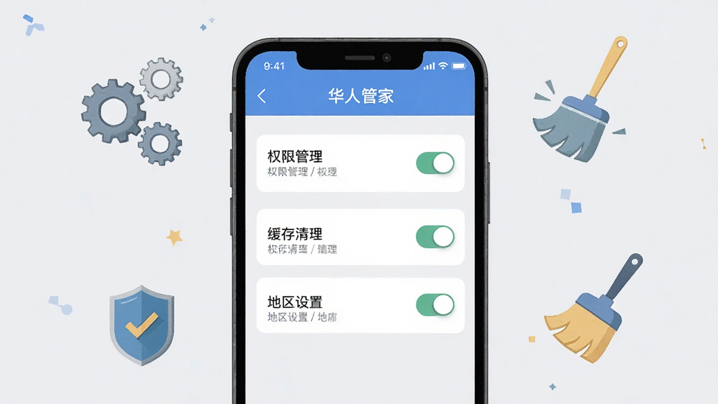 画面主体为一部手机屏幕展示“华人管家”应用设置页面,页面中包含权限管理、缓存清理、地区设置等选项,布局为手机居中、周围有齿轮、盾牌、清理刷等小图标点缀,风格为简洁扁平插画,细节包括浅灰色背景、清晰的文字标签与开关按钮,画质高清,画面干净,无多余元素