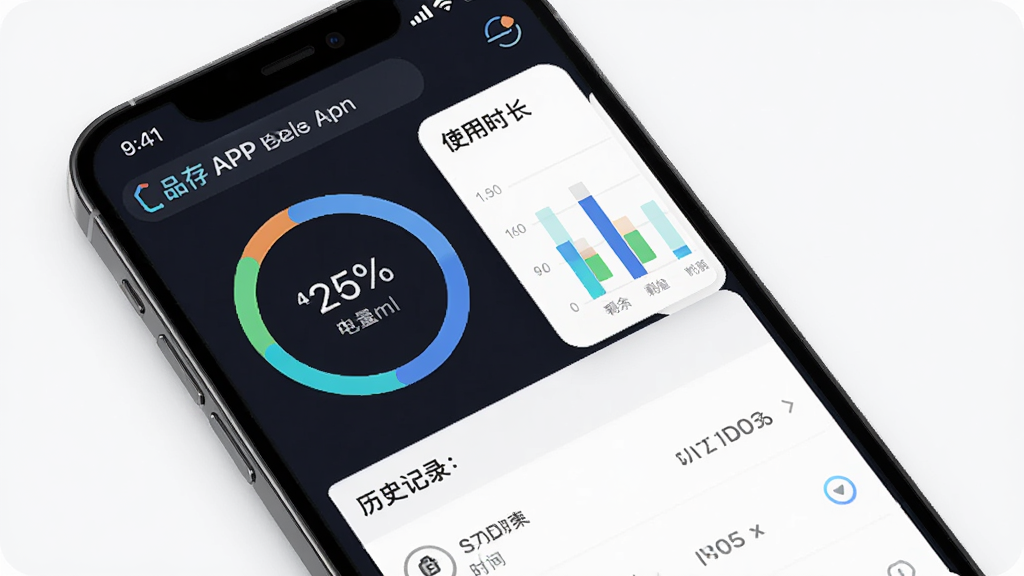 ����ΪƷ��APP����ͳ��ҳ�棬����Ϊ�ֻ���Ļչʾ���ε���ͼ����ʹ��ʱ����״ͼ���Ű��������򣬷��Ϊ�����������ݿ��ӻ����棬ϸ�ڰ��������ٷֱȡ�ʣ��ʹ��ʱ�䡢��ʷ��¼�б������ʸ��塢�ɾ����޶���Ԫ��