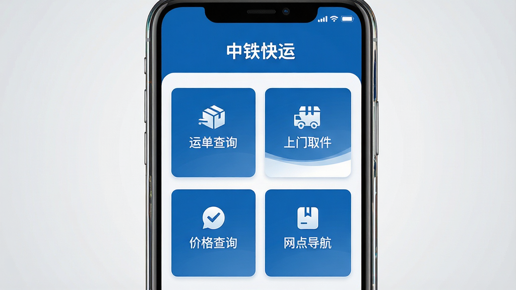 中铁快运手机应用主界面展示,主体为一部竖屏智能手机居中摆放,屏幕内呈现蓝白色调的物流服务首页,包含运单查询、上门取件、价格查询、网点导航四个功能卡片,布局整齐对称,背景为浅灰色渐变,风格简洁商务,细节上手机边框带有轻微反光,屏幕内文字清晰标注“中铁快运”,画质高清,画面干净,无多余元素