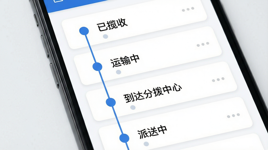中铁快运运单追踪功能展示,主体为手机屏幕特写,屏幕内显示时间轴样式的物流轨迹列表,节点包含“已揽收”“运输中”“到达分拨中心”“派送中”等状态文字,布局为纵向列表结构,风格现代简约,细节上时间轴用蓝色圆点串联,背景为白色卡片,画面清晰,画质高清,干净无杂乱元素