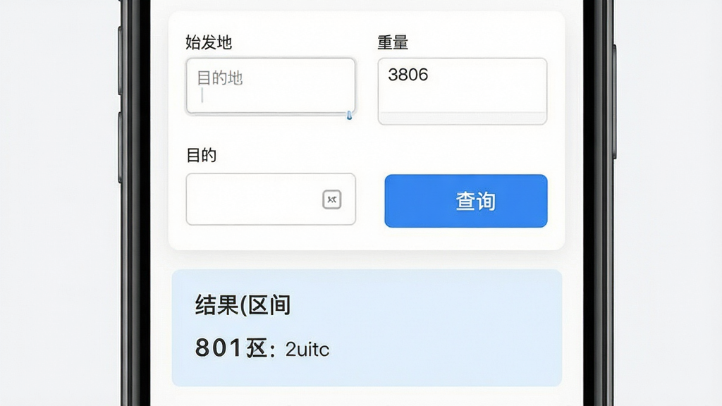 中铁快运价格查询界面展示,主体为手机屏幕内嵌价格估算表单,包含始发地、目的地、重量三个输入框与一个蓝色查询按钮,下方显示价格区间结果卡片,布局上下分层,风格清爽简洁,细节上输入框带浅灰边框,结果卡片带淡蓝底色,画面干净,画质高清,无多余装饰