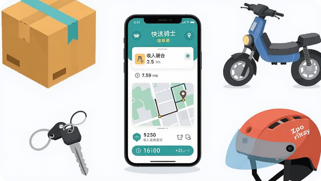 主体为一部智能手机屏幕显示快送骑士接单界面,布局采用居中构图,手机周围环绕配送箱、电动车钥匙、头盔等配送元素,排版简洁有序,风格为现代扁平化插画,细节包括订单卡片、地图路线、收入数字等图标,画质清晰干净,无多余元素
