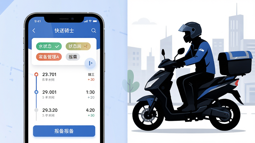 主体为快送骑士订单管理页面与骑手工作场景结合,布局为左侧手机界面右侧骑手剪影,排版左右分栏,风格为商务简约插画,细节包含状态标签、时间轴、报备按钮,画质清晰干净,无多余元素