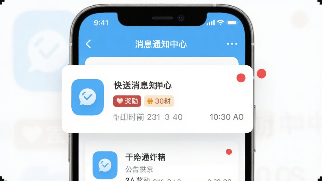 主体为快送骑士消息通知中心界面展示,布局为手机屏幕居中,排版突出通知卡片与红点提示,风格为清新浅色UI风格,细节包含公告图标、奖励标签、时间戳,画质高清干净,无多余元素