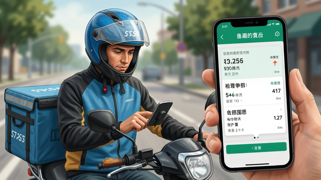 主体为骑手在户外查看手机快送骑士界面的场景,布局为人物半身与手机屏幕特写结合,排版突出手机屏幕内容,风格为写实摄影感插画,细节包含头盔、配送箱、屏幕上的订单信息,画质清晰干净,无多余元素